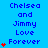 Blue background with repeated text "Chelsea and Jimmy Love Forever" in blue pixelated font, each instance accompanied by red heart symbols increasing from one to four hearts.