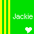 Static green icon with yellow vertical stripes on left, white pixelated text "Jackie" centered right of stripes, and a white pixelated heart symbol at bottom-right corner.