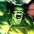 Green-skinned figure with dark hair, wide eyes, and open mouth in aggressive expression against blurred green background.
