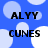 Blue background with light blue and white circular shapes; black text 'ALYY' and 'CUNES' in pixelated font arranged in a pattern
