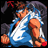 Pixelated anime-style character in blue and white outfit with red accents, next to stylized text on black background.