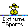A 4x4 contact sheet of a pixel art animated icon featuring a yellow stick figure character with a wide-brimmed hat, repeatedly labeled "Extreme Sports" across all frames showing various poses and animation states including standing, running, and particle effects.