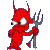 Red pixelated devil figure with large white eyes, two horns, and a pitchfork against gray background.