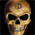 Pixelated skull icon with brown and gold tones, featuring a circular symbol on the forehead, black eye sockets, and nasal cavity against a black background.