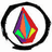 A circular black outline encloses a multi-colored geometric shape with red, purple, orange, blue, green, and yellow segments on the left; a monochrome version of the same shape appears to the right.