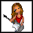 Animated sequence showing a pixelated woman with brown hair playing a gray electric guitar, with red text 'YOU'RE GONNA FALL' and 'FOR MERCY' appearing alongside faint handwritten-style text.