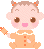 Pixelated character with light brown hair, orange bow, and orange outfit with white collar and buttons, holding an orange object in one pose.