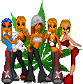 Five pixel-art characters stand in front of a large green cannabis leaf on gray background, with 'Original Icons .com' text on dark green