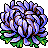 Pixelated flower with layered purple and blue petals, brown accents, green leaves at base, black outlines on all elements against gray background.