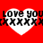 Red background with two white heart shapes containing black text reading "LOVE YOU" and repeated X symbols.