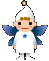 A 4x4 contact sheet of a pixel-art angel character with blue wings, white robe, and golden halo performing various poses across 15 frames.