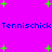 A static image with a bright purple background featuring scattered green plus signs and two lines of blue pixelated text reading "Tennischick Tennischick".