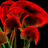 Pixelated red flowers with green stems against a black background, rendered in low-resolution digital art style.