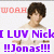 Pixelated image of a person with dark hair and light skin, overlaid with pink and purple text reading "WOW I LUV Nick !!Jonas!!!" on white background.