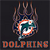 Pixelated icon with a dolphin silhouette inside a circular frame, surrounded by flame-like shapes, and the word 'DOLPHINE' in orange block letters below.