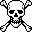 Nine identical pixelated skulls arranged in a pattern on a white background, each skull with black eye sockets, nose cavity, and teeth