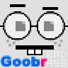 Pixelated cartoon face with large round glasses, two square eyes, and a rectangular mouth with white teeth on gray background; blue-pink text "Goobr" below.