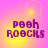 Pixelated text "pooh rocks" in purple on a pink and yellow gradient background with a bright yellow circular glow shifting position across four