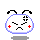 Pixelated white circular icon with blue outline, black antennae, red plus signs on cheeks, and a frowning mouth showing varying eye expressions across frames.