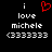 A black background displays white pixelated text reading 'i love michele (333333' with a red heart symbol replacing the word 'love' in one view.