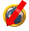 A circular icon with a golden border shows a pixelated Earth globe, with a red arrow changing position across frames.