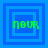 Four blue square with nested blue borders display green pixelated text 'nour' in different positions and orientations