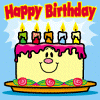Pixelated birthday cake with pink icing, five colored candles, and a smiling face on a light blue background.