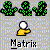 Three green pixelated cactus-like figures with black outlines above a yellow hand pointing right, all on a gray pixelated background with "Matrix" text below.