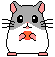 Pixelated hamster icon with gray head, white body, pink ears and feet, black eyes, orange nose, and whiskers in a