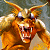 A pixelated werewolf with golden fur, sharp teeth, and glowing eyes appears on the left side of a split-screen image.