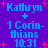 Blue text on purple background with pink stars, displaying 'Kathryn + 1 Corinthians 10:31' in two identical vertical sections.