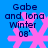 Blue background with pink snowflake icon and dark blue text reading 'Gabe and Iona Winter 08' in four repeated