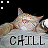 A pixelated cartoon cat with closed eyes and pink nose lying on a gray surface, displayed in two side-by-side frames showing slight animation differences.
