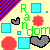 Pixelated graphic with yellow background, red-blue striped corner, cyan squares, gray hearts, and text reading 'Random' in green or pink.