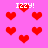 Pixelated red hearts float on a pink background with "IZZY!" text appearing in four locations, each heart and text rendered in blocky 8-bit style.