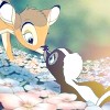 Animated deer and bird face each other on a floral background with soft green and blue tones.