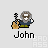 Pixelated icon of a figure with guitar and skull, text 'John' below; animation cycles through static pose to colorful circular distortion effect.