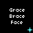 Pixelated text 'Grace Brace Face' repeated across a black background with cyan star and dot animations.