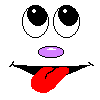 Two pixelated cartoon faces side-by-side on gray background; left face has tongue out, right face smiles with closed mouth.