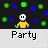 Pixelated character in yellow shirt with white face and black eyes holds green and blue props amid colorful floating dots, labeled 'Party' below.
