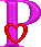 Two side-by-side pixelated images of a purple letter D with a heart symbol attached, one red and one light blue.