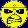 Yellow circular icon with dark blue skull-like face, white eyes, and red dripping mouth text
