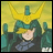 Pixelated anime-style character with green hair and yellow headpiece against yellow background, next to black with white text
