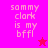 Pixelated text reads "sammy clark is my bffl" on a bright pink background with two star symbols in different colors and positions.
