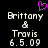 Pixelated text displays 'Brittany & Travis 6.5.09' with a pink heart symbol above the names on a black background.