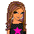 Pixel art buddy icon of a cartoon woman with long brown hair wearing a black top with pink star and blue jeans, accompanied by text reading "I love bein a hyper brunette!"