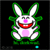 Pixelated bunny with green outline and pink accents, smiling widely in one frame, then covering eyes with blue outline in next frame.