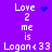 Purple background with white pixelated text reading "Love 2 me is Logan<33" and a blue heart symbol, transitioning to a blue starburst pattern.