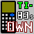 Pixel art of a calculator with green and white text, blue star, and red 'OWN' text on gray background.