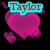 Four pink heart-shaped icons with gray outlines and small floating hearts on a black background, each containing distinct text or symbols.